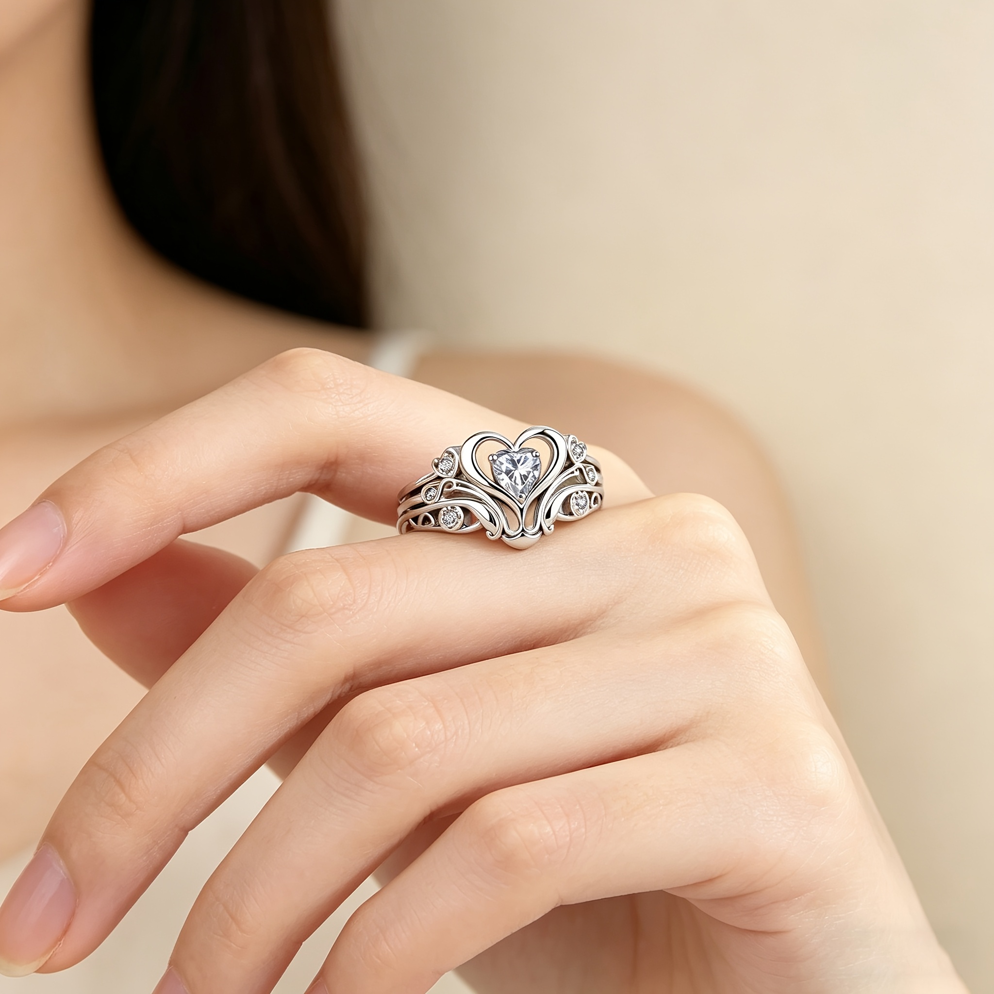 Women's Unique Hollowed-Out Heart Design Ring, Synthetic Zirconia